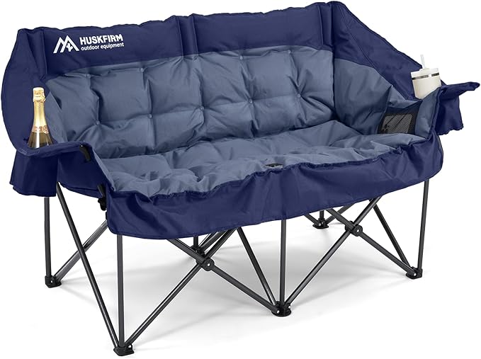 Double Camping Chairs Padded Loveseat Chair for 2 Person - Heavy Duty Oversized Camping Couch for Adults Outdoor Lawn Beach - Portable Folding Sofa with Cup Holders and Carry Bag, Navy Blue