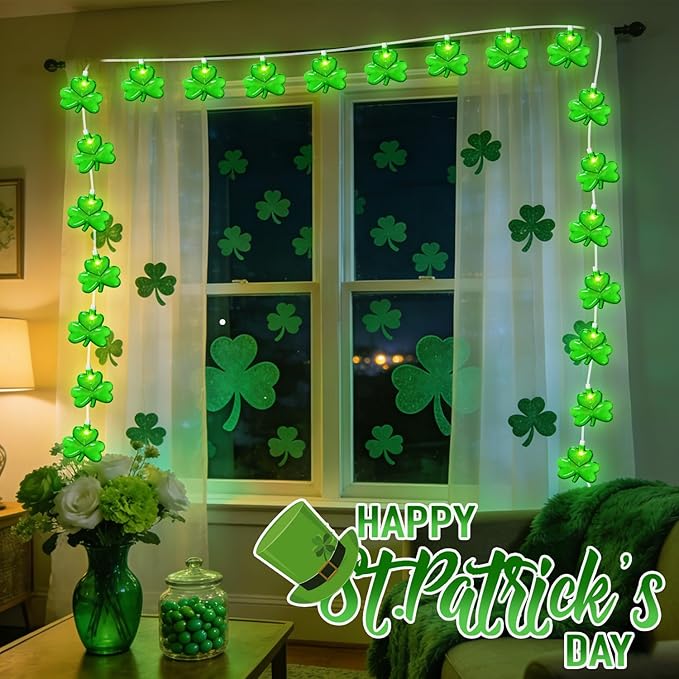 20 LED Clear Green Shamrock String Lights, 12FT St Patricks Day Lights String Outdoor Waterproof with 20 LED Light for Rish Shamrock St Patrick's Day Party Indoor Home Window Porch Garden Decorations