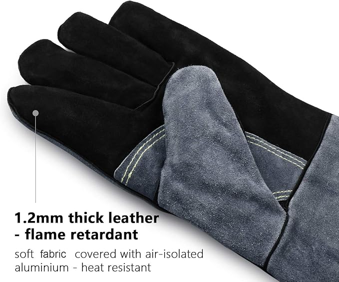 OZERO Welding Gloves for Men, 14-Inch Cowhide Leather Heat Resistant Work Gloves, EN388 EN407 EN12477 Type A Certified, Reinforced Palm, Insulated Lining, Long Cuff for BBQ Grill Oven, Gray