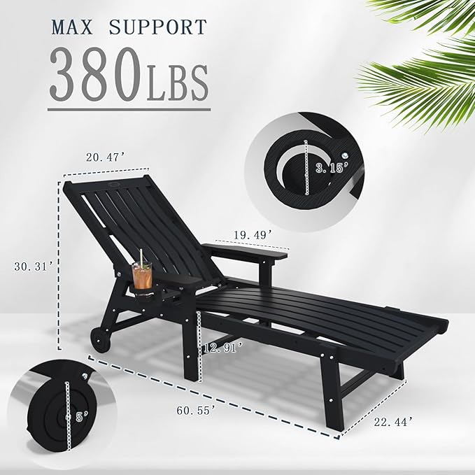 Patio Chaise Lounge Chair, Oversized Lounge Chair Outdoor with 5 Positions, HDPE, Patio Lounge Chair with Wheels & Cup Holder for Pool, Deck, Poolside,Black