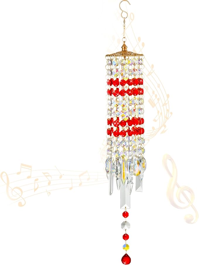Crystal Wind Chimes for Outside with Rainbow Light Reflections Glass Bells and Rose Gold Alloy Hooks Indoor Outdoor Decor for Home Garden Patio Porch Birthday House Warming (Red)