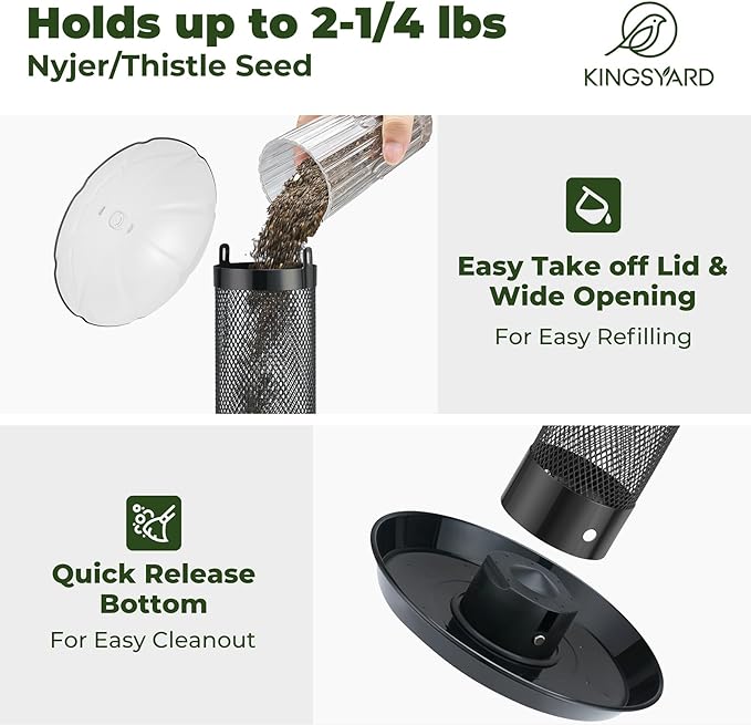 Kingsyard Finch Bird Feeder for Outdoors Hanging, Metal Mesh Tube Bird Feeders for Thistle & Nyjer Seed, Large Removable Tray & Rainproof Dome, 2.5 lbs Seed Capacity, Black