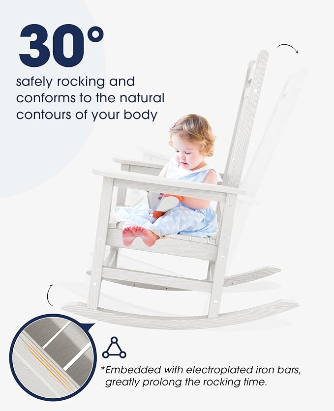KINGYES Outdoor Rocking Chair, All-Weather Patio Rocking Chairs for Porch, HDPE Rocking Outdoor Chairs with High Back for Adult, Heavy Duty Outdoor Patio Rockers for Garden, Lawn, White