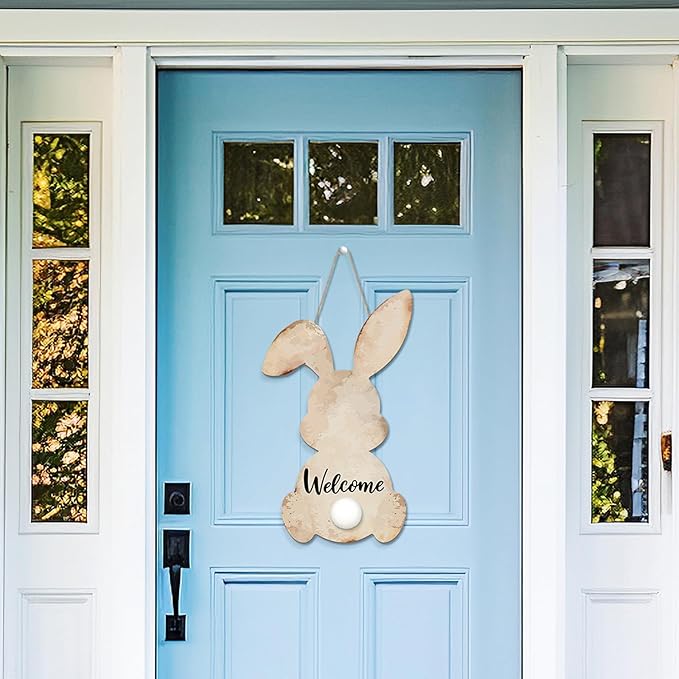Juexica Easter Bunny Welcome Door Sign Easter Wall Hanging Sign for Front Door Wood Front Porch Decor Wall Pediments