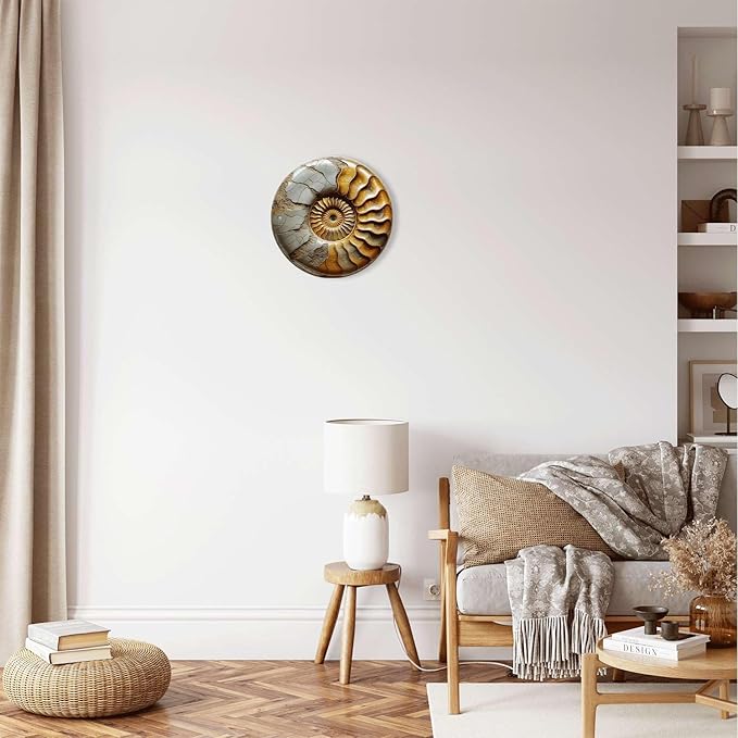 Nautilus Shell tin sign, Vintage Ammonite Fossil metal sign Print Aesthetic Room Decoration for Home Bedroom Bar Cafe Garden and Outdoor Round Wall Decor (12 inch)