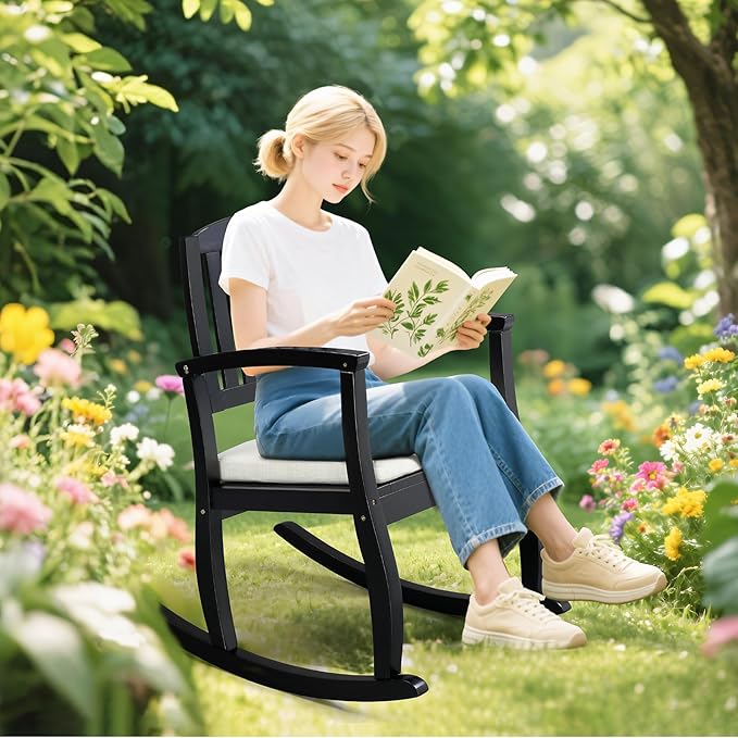 VINGLI Wooden Rocking Chair with Cushion,Outdoor Indoor Rocking Chair Supports Up to 450 lbs,Chair with Comfortable Backrest for Patio, Porch, Balcony (1, Black)