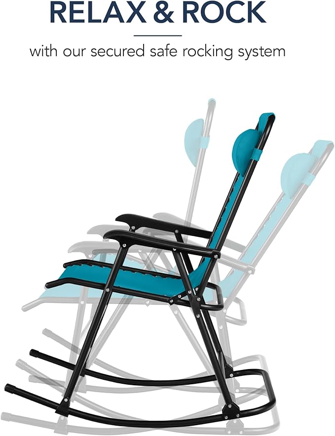 Best Choice Products Outdoor Folding Rocking Chair, Zero Gravity Lounge Chair, Patio Rocker w/Headrest Pillow - Peacock Blue