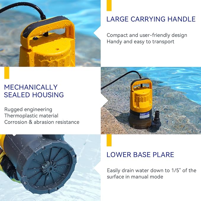 Acquaer Sump Pump Submersible Water Pump for Water Removal in Hot Tubs, Pools, Basements, and Garden Ponds, 1/2HP 2906GPH