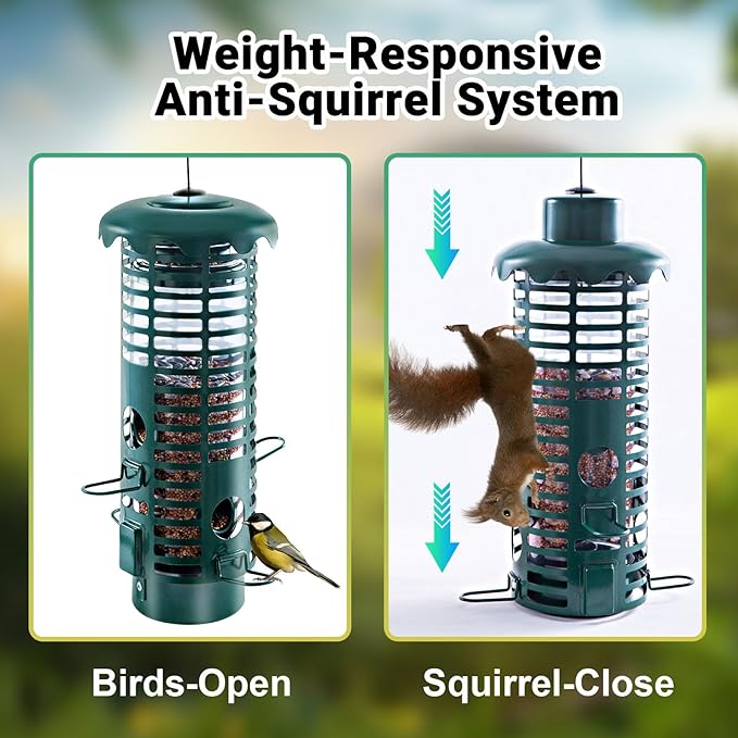Squirrel Proof Bird Feeder Metal Mesh for Outdoors Hanging Weight Activated Perches,Weatherproof Wild Bird Feeders for Finch, Cardinal Chickadee, Blue Jay 2LB Seed Capacity(Green)