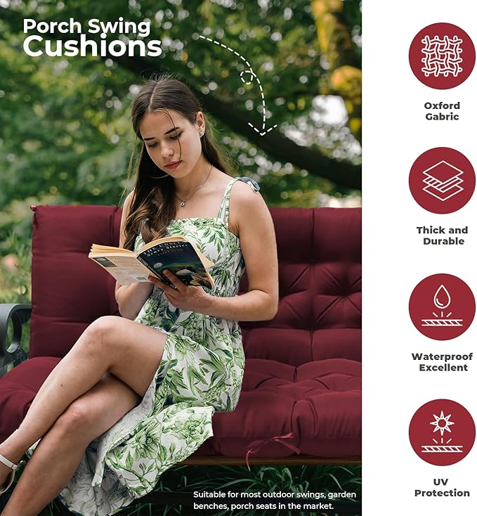 Porch Swing Cushions, Patio Swing Cushions Waterproof for Outdoor Furniture Thickened Outdoor Swing Bench Cushions 2-3 Seater Replacement with Ties for Patio Swing (Red, 60x40 in)