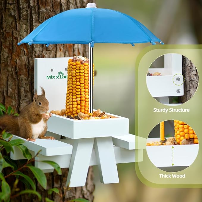 MIXXIDEA Squirrel Feeder Table with Umbrella, Wooden Squirrel Picnic Table Feeder, Durable Squirrel Feeder Corn Cob Holder, with Solid Structure and 2 x Thick Benches(White&Blue)