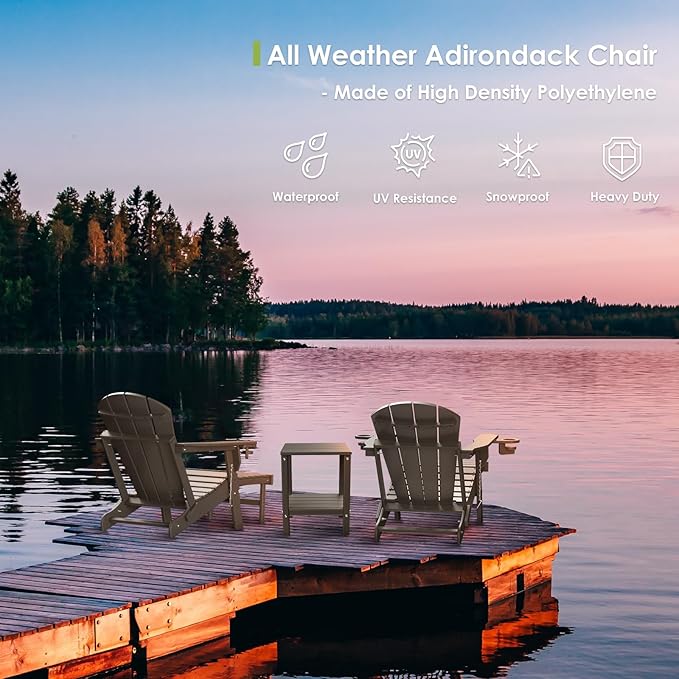 GREENVINES Adirondack-Chairs-with-Ottoman | Set of 4 | Wood Grain | Folding | Retractable-Footrest | HDPE Plastic | All Weather Fire Pit Chair | Cup Holders | for Outdoor Poolside