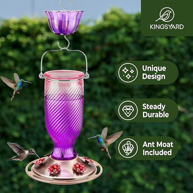 Kingsyard Glass Hummingbird Feeders for Outdoors, 24 oz Hummingbird Nectar Feeder for Outdoors Garden Yard D�cor, 6 Feeding Ports, Ant Moat Included, Easy to Clean & Refill, Purple