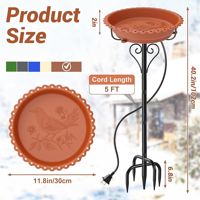 Heated Bird Bath for Outside Winter, Powerful 100W Thermostat Control Water Heated BirdBaths Bowl for Outdoors with 5-Prong Metal Base Heated Bird Bath for Garden Patio Yard Lawn (Brown)