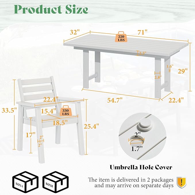 AMERLIFE 7-Piece HDPE Outdoor Dining Set with Umbrella Hole, 71" L Patio Table and Chairs Set for 6, Modern Garden Dining Set for Backyard, Poolside, Porch, White