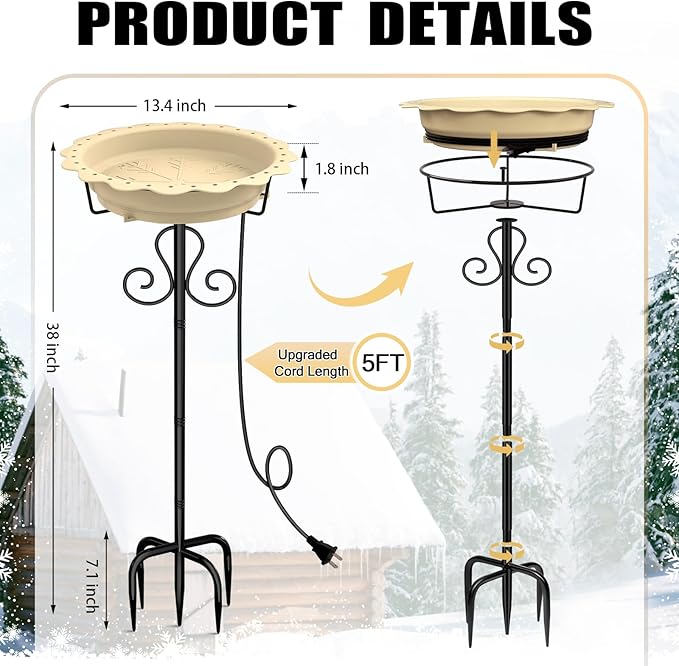 Heated Bird Baths for Outdoors, 100W Heated Birdbath Bowl for Outdoors for Winter with 5-Prong Metal Base Thermostat Control, Heated Bird Bath for Outside Winter Garden Patio Yard Lawn (Yellow)