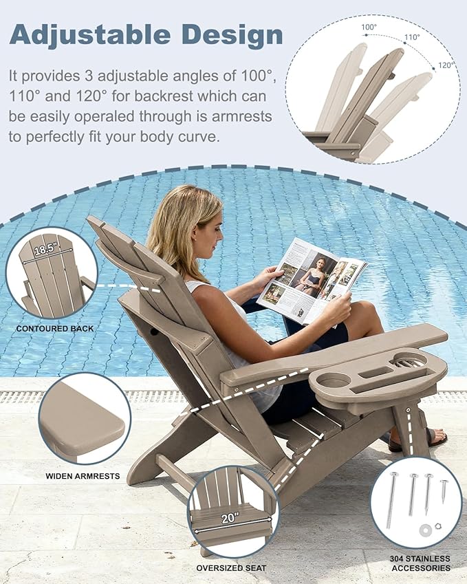 Adjustable Adirondack Chair Set of 2 with Cup Holder, All Weather HDPE Fire Pit Chairs for Deck, Backyard, Patio, Brown