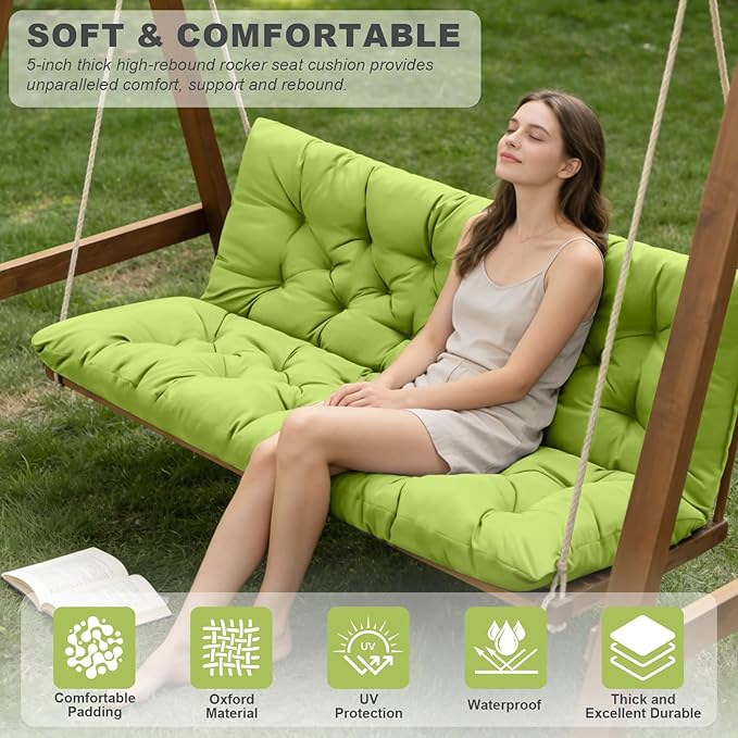 Porch Swing Cushions,Outdoor Cushions 3 Seater Replacement with Backrest, Waterproof Thickened Bench Cushion with Ties for Porch, Patio,Outdoor, Backyard and Garden (Grass Green 60 * 40 in)