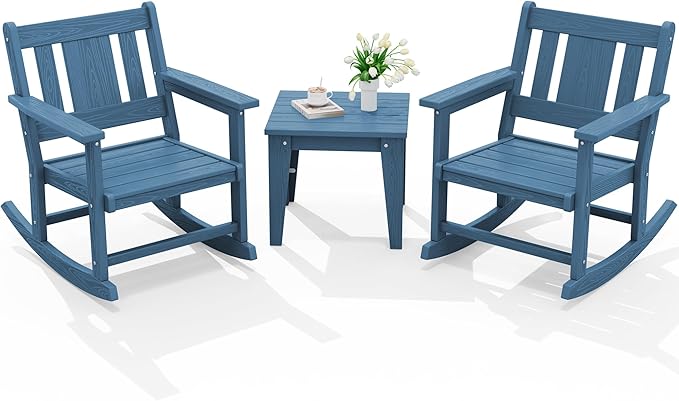 SERWALL Outdoor Rocking Chairs Set of 2 with Side Table, All-Weather HDPE 3 Piece Patio Furniture Set, Outdoor Bistro Set for for Porch Deck Lawn Balcony, Blue