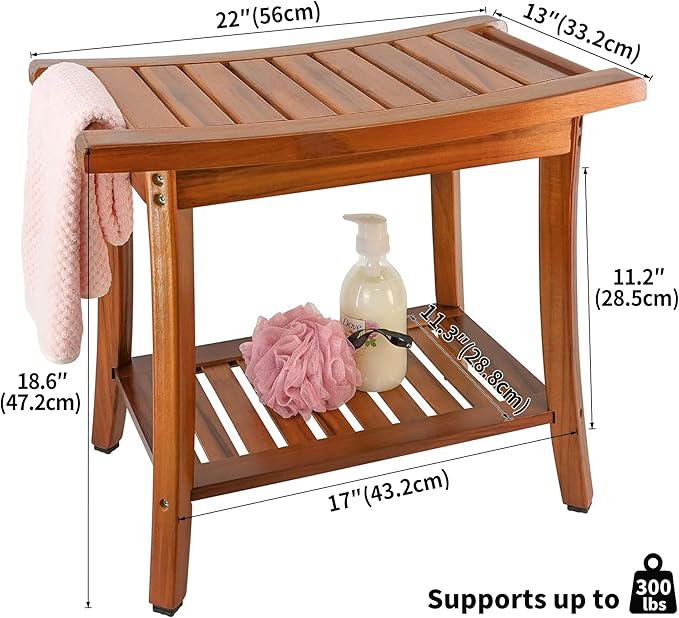 Utoplike Teak Shower Bench Seat with Handles, Portable Wooden Spa Bathing Stool with Storage Towel Shelf, 22" x 13" x 18.6", Perfect for Indoor and Outdoor Use