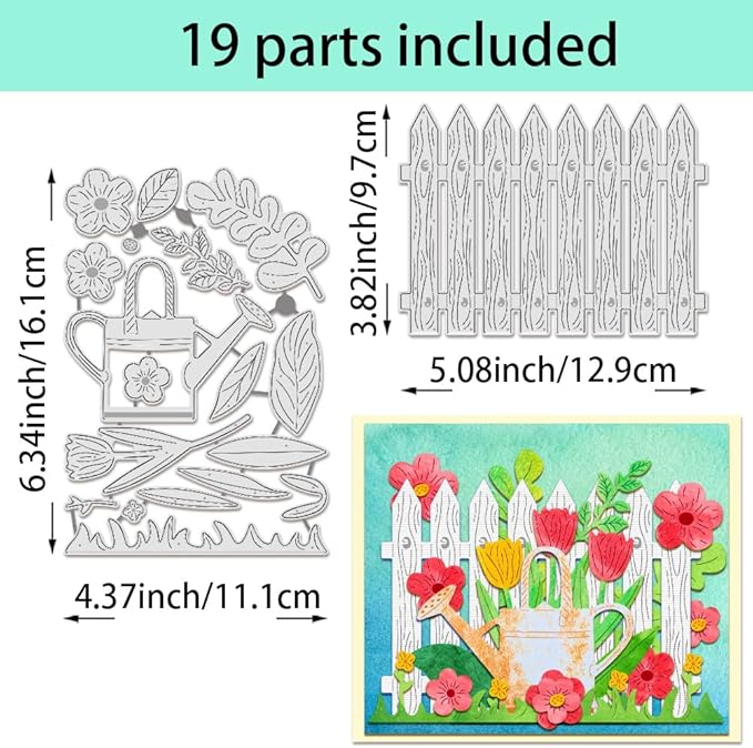 BENECREAT 2pcs Garden Fence Cutting Dies, Flower Watering Can Embossing Stencils Die Cuts for Paper Card Making Decoration DIY Scrapbooking Album Craft Decor