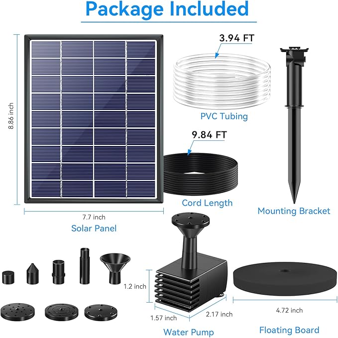 POPOSOAP Solar Bird Bath Fountain Pump, 6W Outdoor Solar Water Fountain Pump for Bird Bath with 4ft Tubing & 5 Nozzles, DIY Solar Powered Water Pump for Garden, Ponds, Pool and Fish Tank