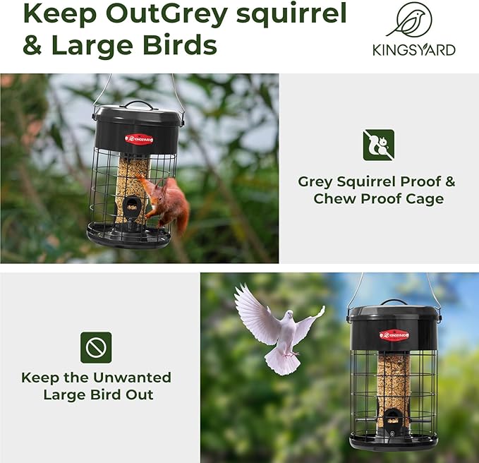 Kingsyard Upgraded Squirrel Proof Caged Bird Feeder for Outdoor Hanging - Additional Storage Tube Bird Feeder with 4 Feeding Ports & Perches, Easy to Clean & Refill. Black
