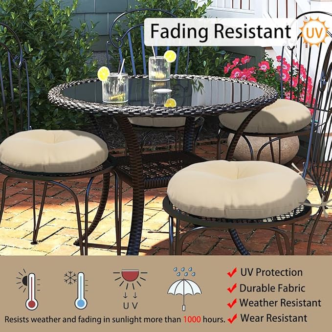 Magpie Fabrics Outdoor 15"x15"x4" Round Bistro Seat Cushions with Ties Set of 2, Tufted Waterproof Patio Floor Chair Pads for Home Garden Balcony Kitchen Office Porch, Olefin Beige