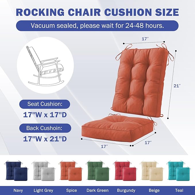 Rocking Chair Cushion, Waterproof and Fade-Resistant Patio Chair Cushions, Tufted Chair Pads for Rocker Furniture, 17x17 Inch, Indoor/Outdoor Seat Cushions with Ties, Spice (Pack of 2)