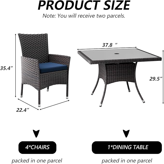 Kullavik 5-Piece Outdoor Dining Set Patio Rattan Furniture Set,Patio Dining Table and Chairs Set with 4 Chairs and Cushions,Square Glass Tabletop with Umbrella Hole for Patio,Navy Blue