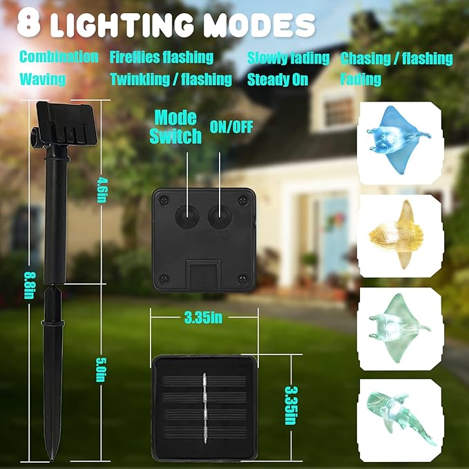 Nautical Solar Lights for Outside Sea Fish Outdoor Garden Decor Marine Fairy Garden Light Waterproof Whale Shark Mola Manta Ocean Solar Outdoor Decorative String Lights 14ft 40LED Patio Yard Decor