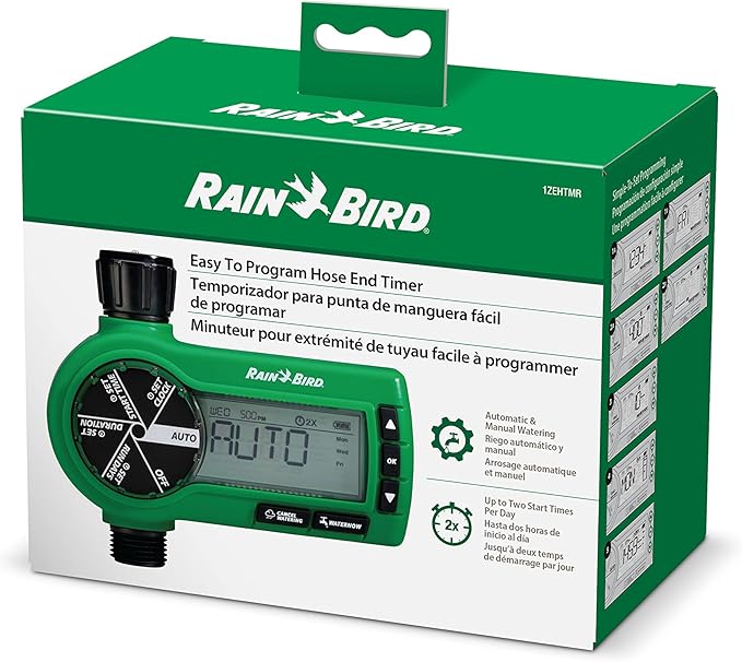 Rain Bird 1ZEHTMR Professional Grade Electronic Digital Hose End Timer/Controller, One Zone/Station, Battery Operated, Digital with Plastic Inlet/Outlet