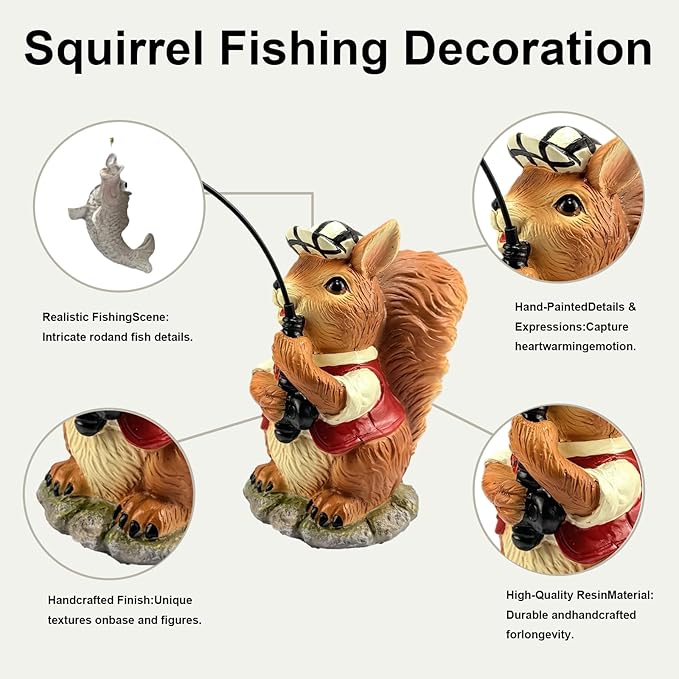 Squirrel Outdoor Statue Koi Pond Garden Decoration, Squirrel Decor for Yard 7.1'' Fishing Sculpture Outdoor Patio, Lawn Accessory, Fishing Animals for Waterfall or Koi Pond Additional, Gifts for Mom