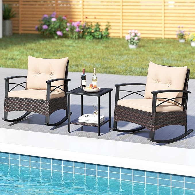 Tangkula 3 Pieces Outdoor Rocking Chairs Set, Rattan Heavy Duty Cushioned Rocker Chairs with 2-Tier Tempered Glass Coffee Table, for Garden, Balcony, Backyard (Beige)