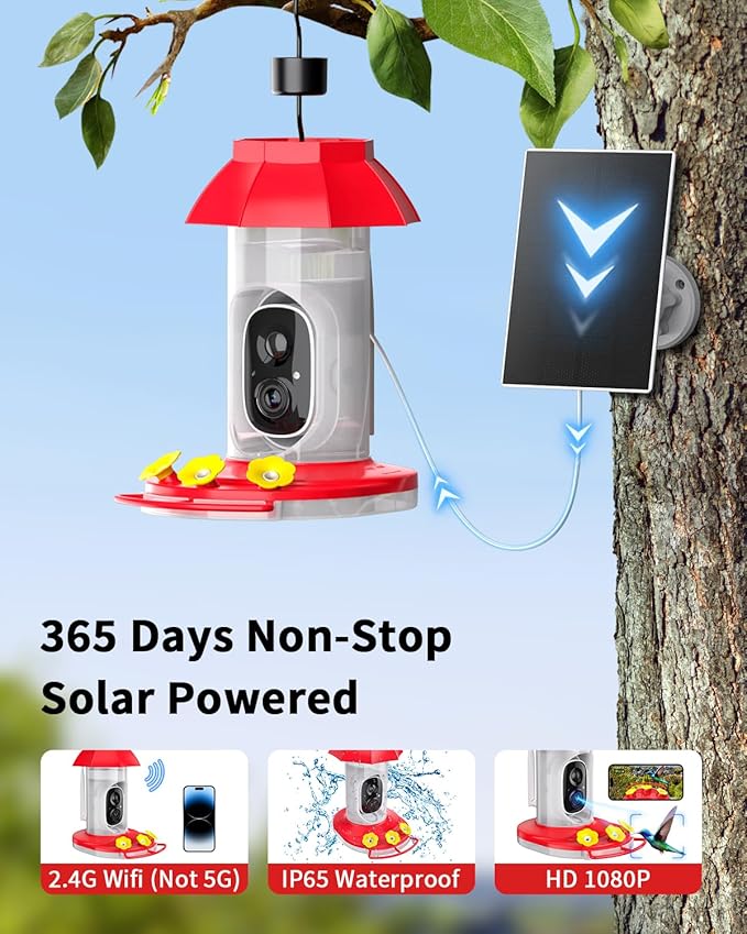 Hummingbird Feeder with Camera Solar Powered W/32G Card, AI Identify Bird Species, Ant Moat/Bee Proof, Hummingbird Cam Watching Live Video, Instant Notifications, Ideal Present for Bird Lovers