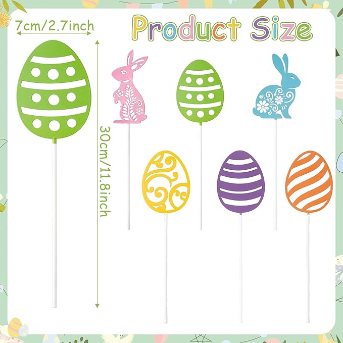 Metal Easter Day Planter Stakes - 6 Pcs Cute Bunny Yard Sign Easter Egg Cut-Out Decorative Garden Stake for Planter Outdoor Backyard Pathway Lawn Plant Flower Pots Decor Spring Party Supply