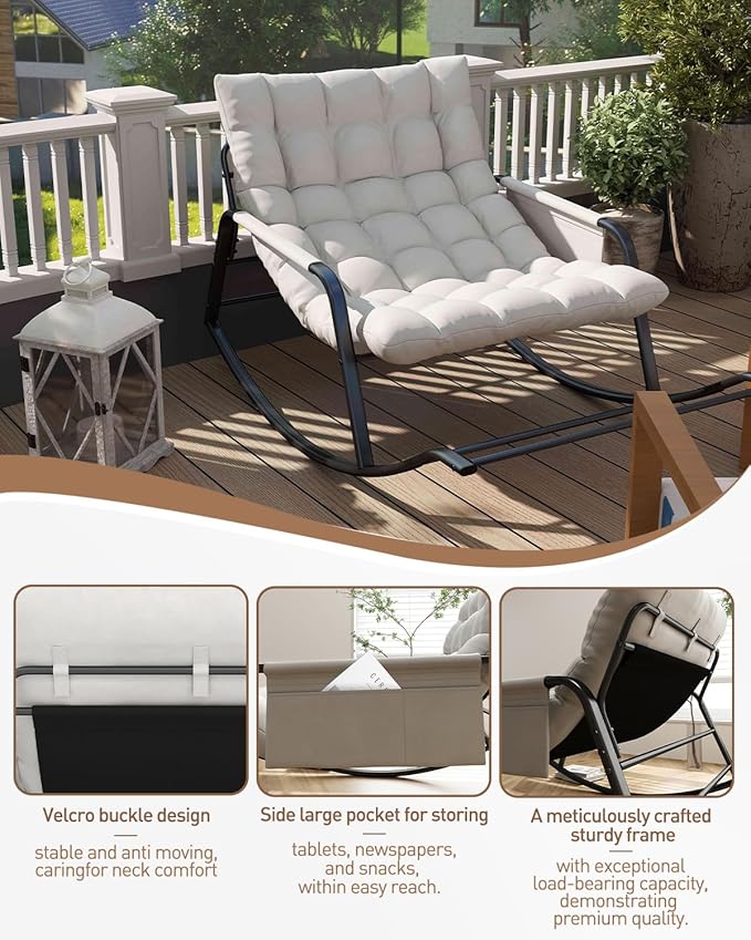 Oversized Indoor Rocking Chair, Plush Papasan Chair with Comfy Padded Cushions & Side Pocket, for Patio Garden, Porch, Lounge, Outdoor, Beige