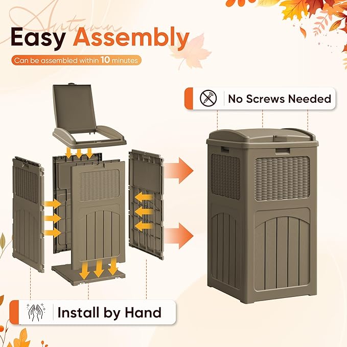 YESHOMY 33 Gallon Resin Outdoor Trash Can with Lid, Hideaway Waterproof Patio Garbage Bin, Coffee