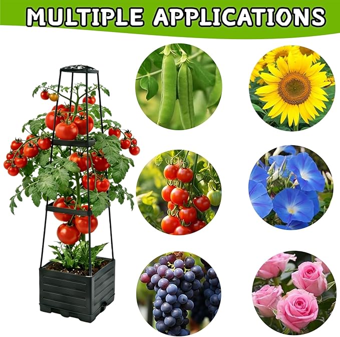 2Pcs Raised Garden Bed Tomato Planter Box with Trellis, 45 Inch Self-Watering Large Tomato Cage for Patio Garden Pots, Climbing Plants Cucumber Vine Vegetables Flowers Outdoor & Indoor