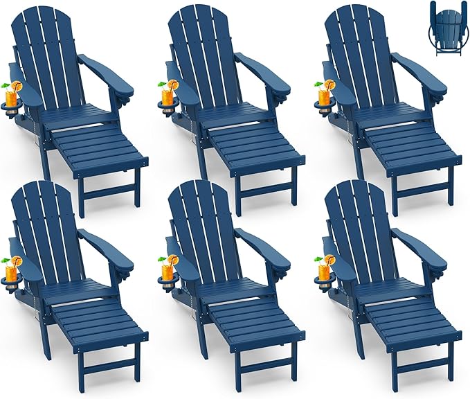 GREENVINES Adirondack-Chairs-with-Ottoman | Set of 6 | Folding | Retractable-Footrest | HDPE Plastic | All Weather Fire Pit Chair | Cup Holders | Blue | for Outdoor Poolside
