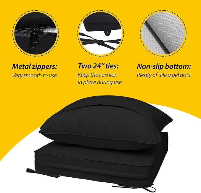 AAAAAcessories Outdoor Seat Cushions for Chairs, Fade-Resistant, Waterproof Patio Furniture Replacement Cushions, 22" x 22" x 3" + 22" x 17", Charcoal Black