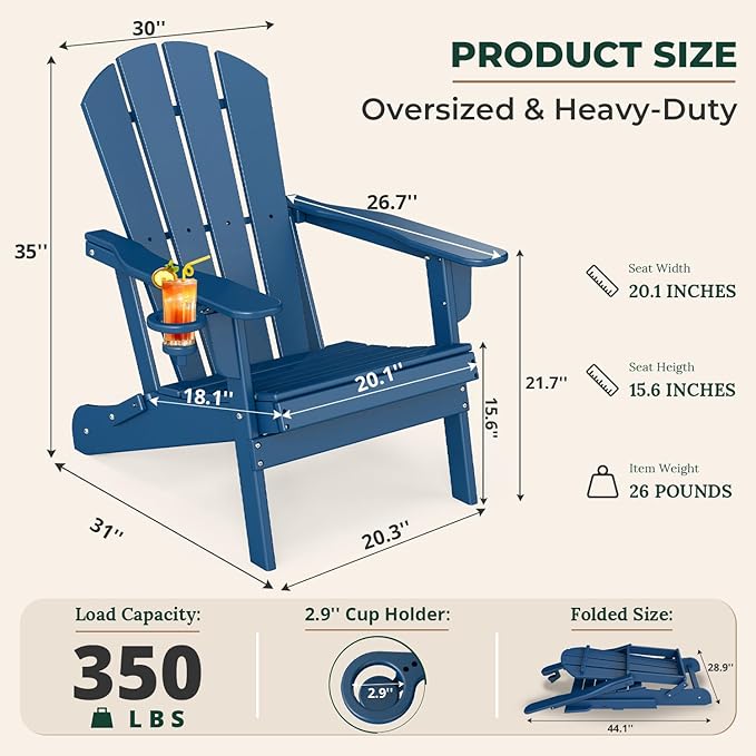 BRIOPAWS Folding-Adirondack-Chairs Set of 4 | HDPE Plastic | Fire Pit Chair | Cup Holder | Curved Back | All Weather | for Outdoor Backyard Deck Patio | Blue