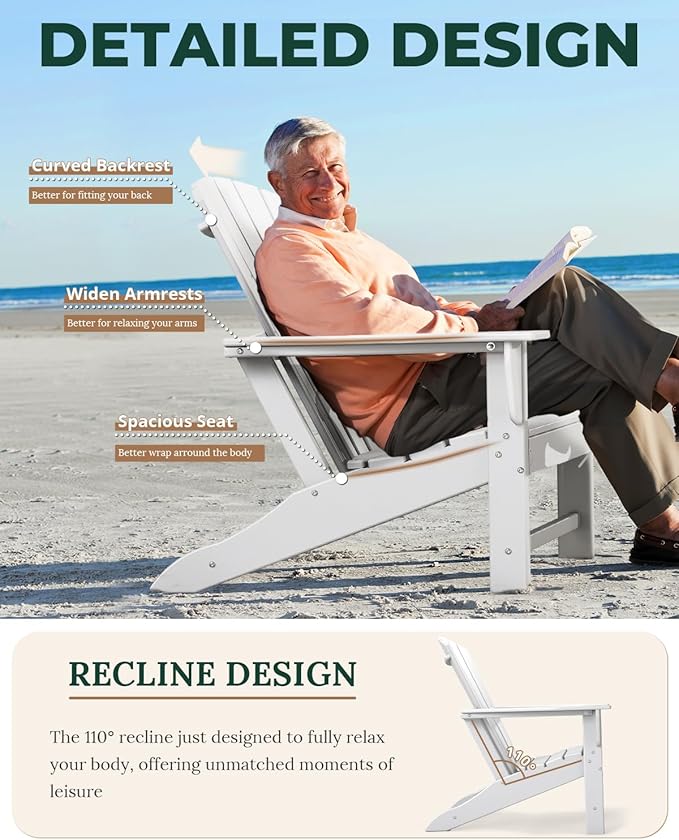 BRIOPAWS Adirondack-Chairs-Set of 2 | Fire Pit Chair | Oversized | HDPE Plastic | Weather Resistant | for Deck Outdoor Poolside Campfire | White
