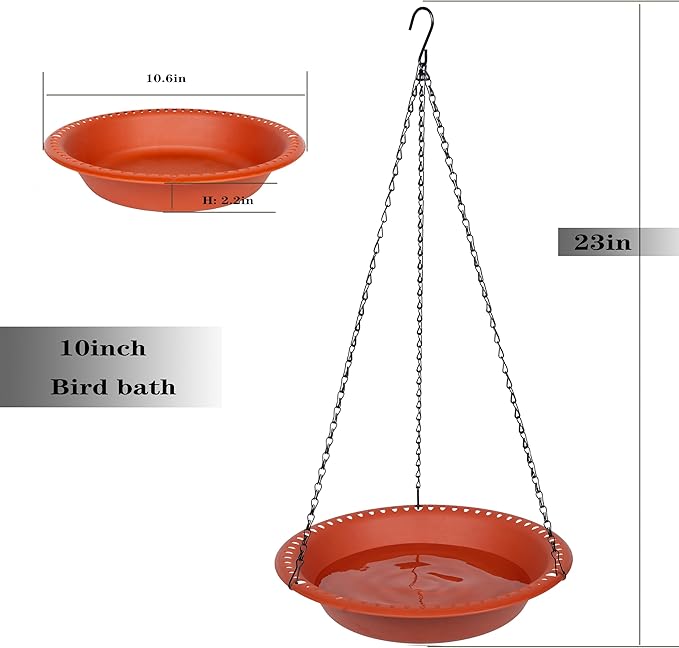Bird Baths for Outdoors Heavy Duty, 10 inch BirdBath Bowl Only with 22” Rust-Proof Black Chains, Hanging Bird Bath Hanging Bird-Feeder for Garden Backyard Decor (Terracotta 2 Pack)