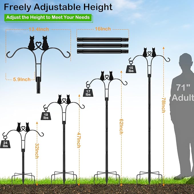 Double Shepherds Hooks for Outdoor, 1 Pack 78 Inch Bird Feeder Pole with 5 Prongs Base, Adjustable Heavy Duty Plant Hangers Cat Art for Outdoor Plants Hummingbird Feeder Hanging Basket Lantern