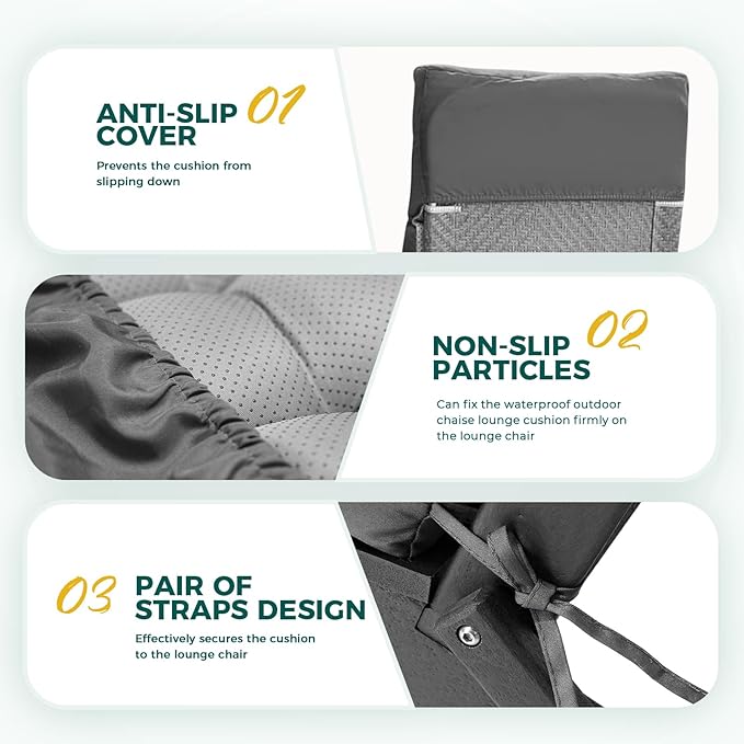 Outdoor Chaise Lounge Chair Cushion 74.4 x 22 x 4.7 Inches Non-Slip Lounge Chair Cushions for Outdoor Furniture with Ties, Patio Recliner Thickened Lounge Cushions for Indoor, Grey