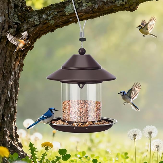 Bird Feeders for Outdoors, Hanging Small Metal Roof Bird Feeder with 2LB Clear Tube Seed Capacity for Viewing Cardinal Finch, Wild Birdfeeders for Outside Garden Yard Decoration