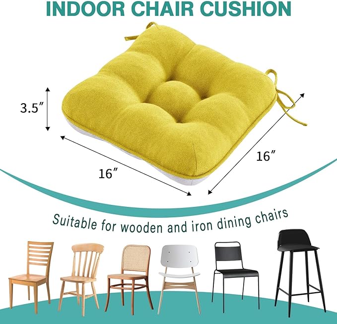 BETU Chair Cushions for Dining Chairs Set of 4,3.5" Thick Kitchen Table Chair Pads with Ties,Non Slip Backing and Covers, Seat Cushion for Dining Room,Bar,Patio Chairs,16"X16"X3.5",Gold