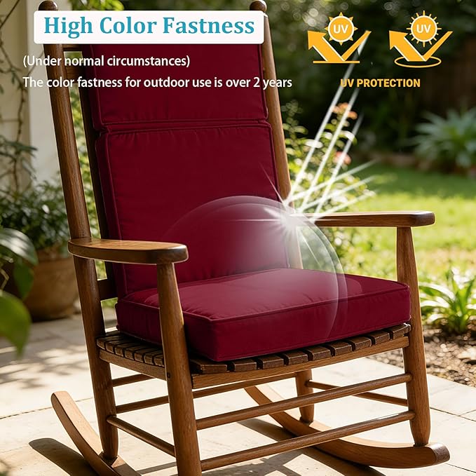 2 Pieces High Back Patio Chair Cushions, Fade Resistant Outdoor Rocking Chair Cushions, Office Chair Back Support Cushion (Burgundy, Seat (21''x21''x3'')+Backrest (21''x28''x3''))