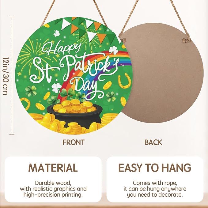 St. Patrick's Day Door Hanger Lucky Shamrock Rainbow Door Sign for Front Door Happy St Patricks Day Wooden Hanging Decoration for Wall Porch Outdoor Holiday